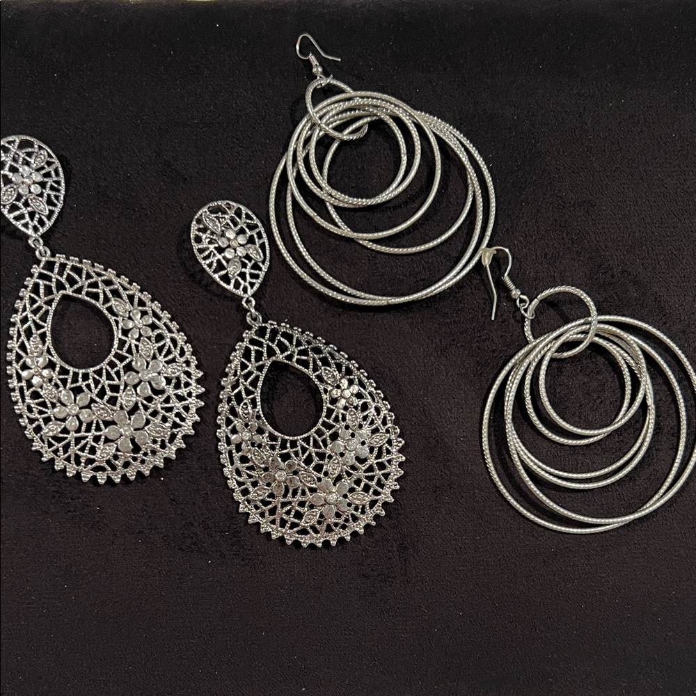 Silver Drop Multiple Hoop Teardrop Pear Shape Earrings Set of 2 Pairs